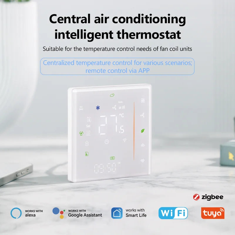 2026 Newest WiFi Digital Thermostat for HVAC Fan Coil Unit 10K NTC Sensor Hospital Use 2 Pipe 4Pipe Graphic Tuya Alexa Voice